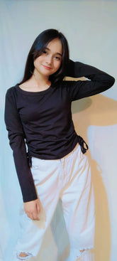 DRAWSTRING RUCHED SOLID FULL SLEEVE TEE-BLACK
